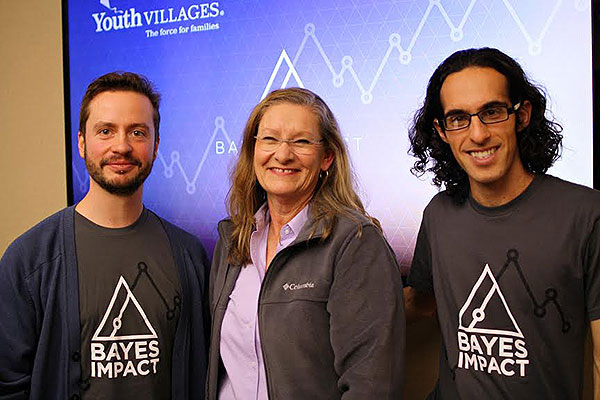 Sarah Hurley, Ph. D., managing director - data science for Youth Villages (center) is working with data scientists Stephan Gabler (left) and Medhi Jamei of Bayes Impact to find trends and answer questions that can lead to program enhancements.